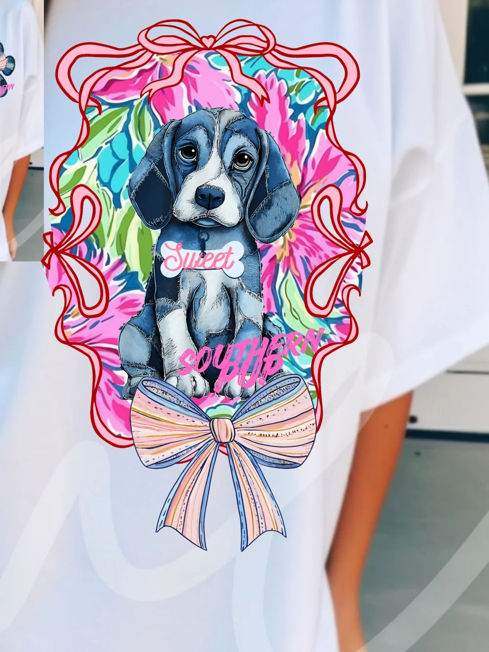 Gildan White Tee with Denim Patch Paw & Pastel Bow - Picture 5 of 16